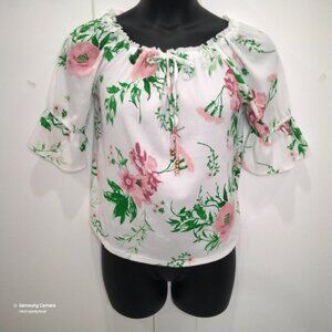 Catia New York White Off-Shoulder Ruffle Trim Elbow Sleeve Peasant Blouse NEW S